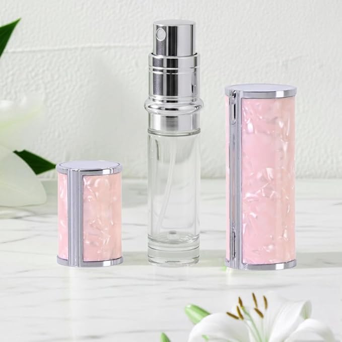 Ms Lovely Pearlescent Travel Perfume Atomizer Bottle – 5ml Refillable Mini Spray for Purse, TSA Approved Portable Fragrance Dispenser (Pink and Silver)