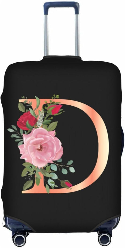 Floral Letter D Travel Luggage Cover Spandex Suitcase Protector Elastic Washable Stretch Suitcase Cover,Size L(Fit 25-28inch Suitcase)