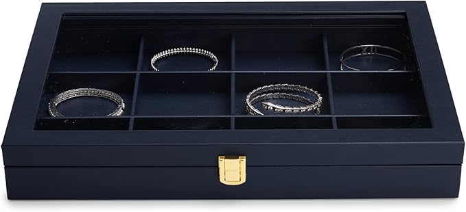 Oirlv 12 Gird Jewelry Tray with Acrylic Lid Premium Blue Leather Jewelry Organizer Box Transparent Lid Bracelet Bangle Small Watch Storage Case for Women Gift