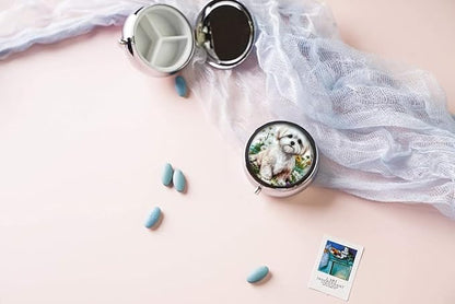 Pill Box,Flower Puppy Round Pill Box 3 Compartment Decorative Pocket Purse Portable Mini Travel Medicine Tablet Vitamin Holder Organizer Pill Case