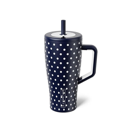 BrüMate Era 30 oz Tumbler with Handle & Straw | 100% Leakproof Insulated Water Bottle Tumbler with Lid & Flexible SoftSip Straw | Made of Stainless Steel | Cup Holder Friendly | 30oz (Navy Polka Dots)