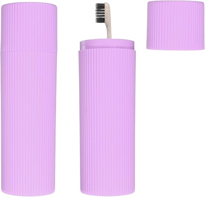 uxcell 2Pcs Travel Toothbrush Case, 7.9x2.4x2.4 Portable Travel Toothbrush Holder with Stripe, Plastic Toothpaste Container for Bathroom, Gym, Business Trip, Camping, Purple