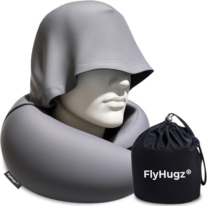 FlyHugz® 2.0 Hooded Travel Pillow – 2025 Original Release – Memory Foam Neck Pillow with Adjustable Hood & Premium Elastic Washable Cover – First Class Comfort for Flights, Road Trips & Sleep-Gray.