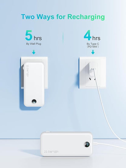 Portable Phone Charger, 12000mAh 22.5W Fast Charging Power Bank with Built-in Cables & Wall Plug, External Battery Bank with LED Display, Travel Essential Battery Pack for iPhone, iPad, Samsung White