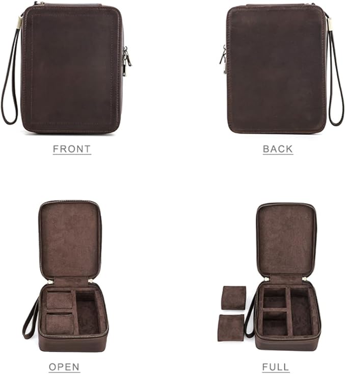 CONTACTS Full Grain Leather Watch and Glasses Case for Men Travel Jewelry Organizer for 2 Watches and Watch Straps or 1 Sunglasses Holder