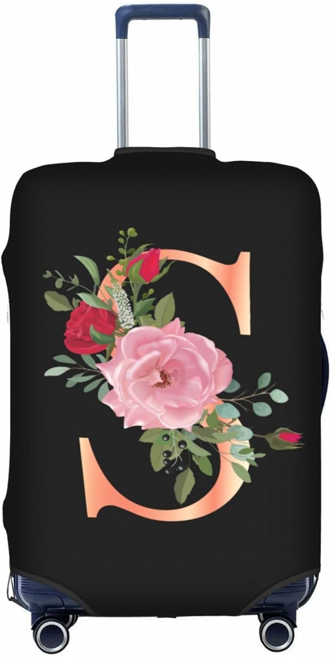 Floral Letter S Travel Luggage Cover Spandex Suitcase Protector Elastic Washable Stretch Suitcase Cover Fits 25-28 Inch Luggage