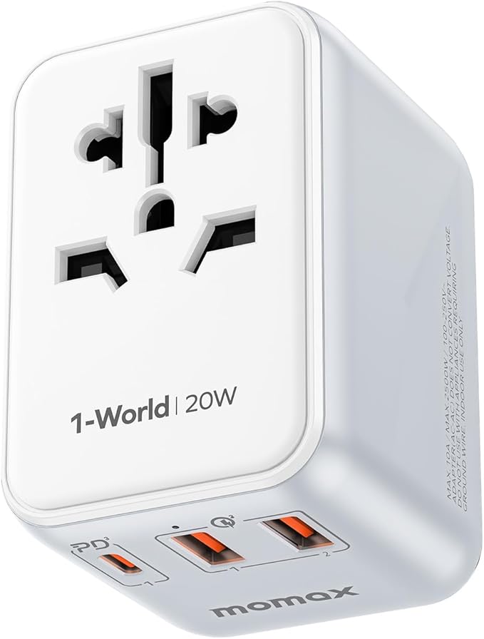 MOMAX Universal Travel Adapter, 20W+18W International Plug Adapter with 2 USB-A Quick Charging & 1 USB C PD Fast Charging,1 AC, All-in-one Wall Charger for USA EU UK AUS JP (Type C/A/G/I)