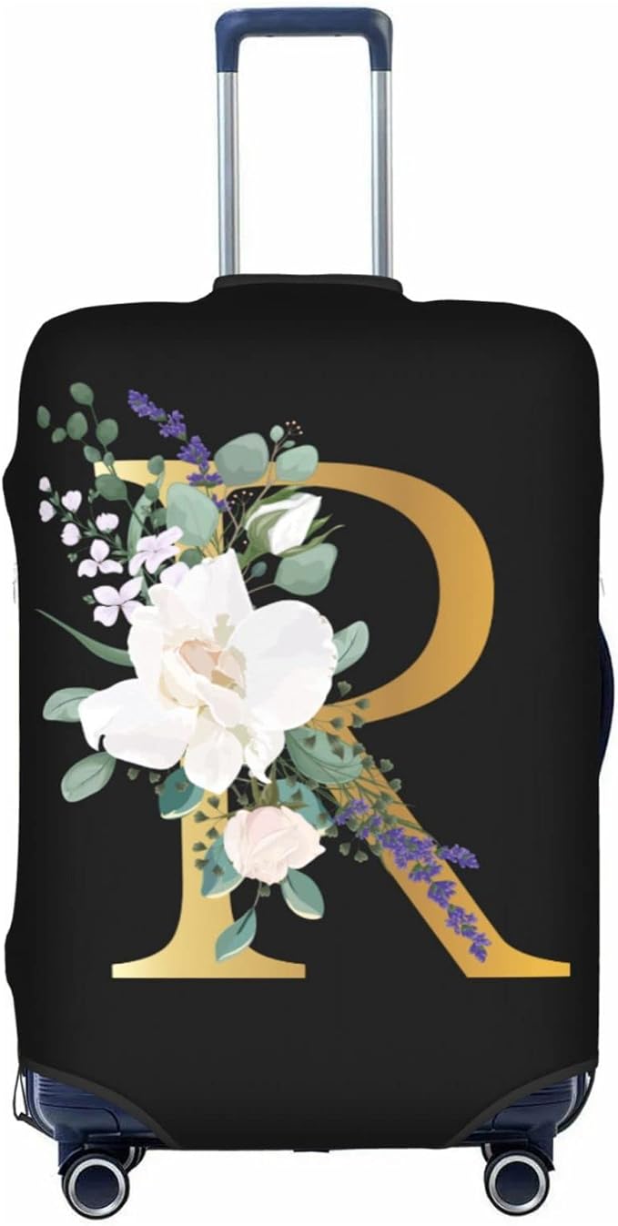 Flower Letter R Black Luggage Cover Elastic Washable Stretch Suitcase Protector Anti-Scratch Travel Suitcase Cover for Kid and Adult M (22-24 inch suitcase)