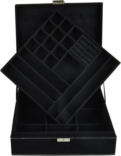 Jewelry Boxes 10 x 10 Inches 2-layer Handle Necklace Holder Organizer Jewellery Women Rings Storage Display Girls Earrings Case Lockable Jewelry Tray GY641 (Black)