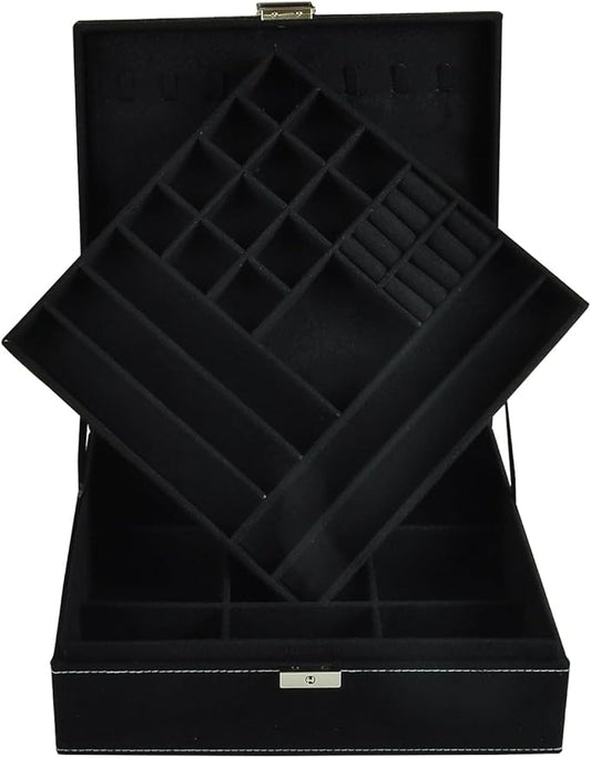 Jewelry Boxes 10 x 10 Inches 2-layer Handle Necklace Holder Organizer Jewellery Women Rings Storage Display Girls Earrings Case Lockable Jewelry Tray GY641 (Black)