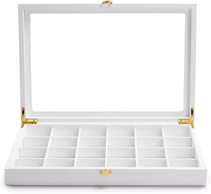 Oirlv Premium Blue Leather 24 Grid Jewelry Tray with Transparent Lid Earrings Rings Organizer Box Stackable Jewelry Box Drawer Inserts Women Gift