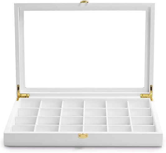 Oirlv Premium Blue Leather 24 Grid Jewelry Tray with Transparent Lid Earrings Rings Organizer Box Stackable Jewelry Box Drawer Inserts Women Gift