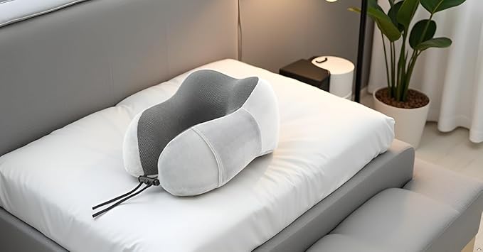 Airplane Travel Neck Pillow, 100% Memory Foam Ergonomic Neck Support, Airplanes Neck Pillow with Washable Cover Travel Essential for Flight & Office include Eye Mask, Earplugs & Carry Bag (Light Gray)