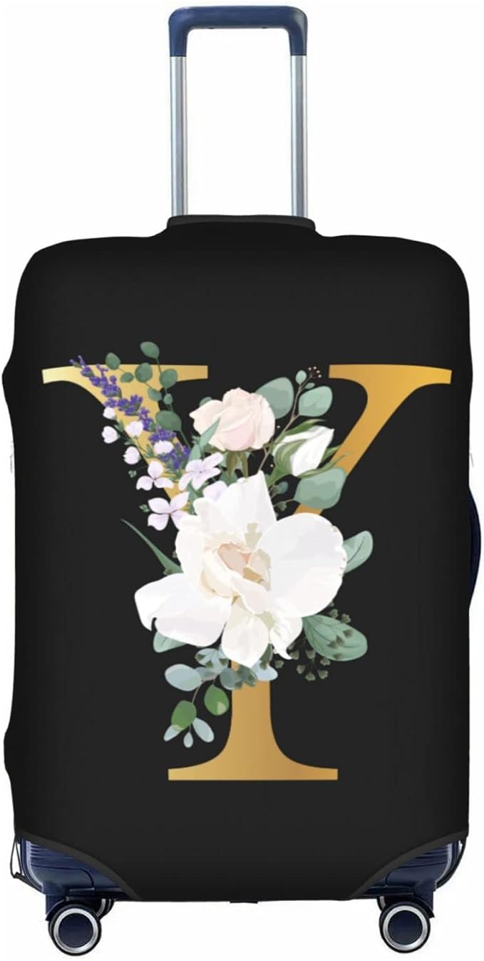 Flower Letter Y Black Luggage Cover Elastic Washable Stretch Suitcase Protector Anti-Scratch Travel Suitcase Cover for Kid and Adult L (25-28 inch suitcase)