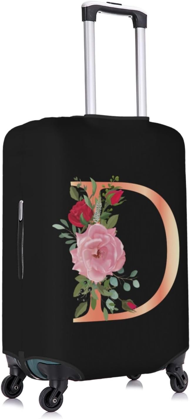 Floral Letter D Travel Luggage Cover Spandex Suitcase Protector Elastic Washable Stretch Suitcase Cover,Size L(Fit 25-28inch Suitcase)