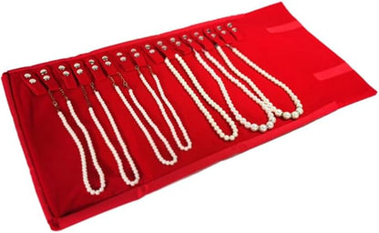 Premium Jewelry Roll Organizer for 16 Necklaces 55cm x 29cm Metal Snap & Velcro Closure - Ideal for Travel and Storage (Red)