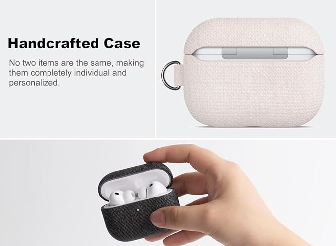 Handmade Case - for AirPods Pro 3 Case Cover with Clip - Selected Skin-Friendly Vegan Leather, Woolen Fabric Cloth Style, Shockproof Hard Cover for AirPods Pro 3rd Generation Earbuds - White