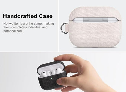 Handmade Case - for AirPods Pro 3 Case Cover with Clip - Selected Skin-Friendly Vegan Leather, Woolen Fabric Cloth Style, Shockproof Hard Cover for AirPods Pro 3rd Generation Earbuds - White