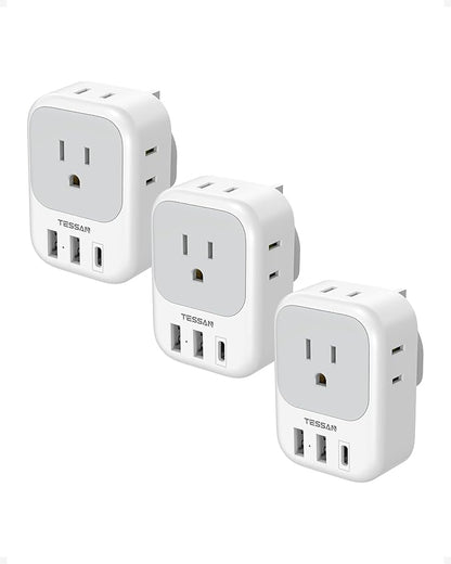 US to UK Plug Adapter 3 Pack, TESSAN Type G Adapter for Travel with 4 Outlets 3 USB Charger(1 USB C), Ireland Power Adaptor for USA to England London Scotland Dubai Singapore Hong Kong Qatar