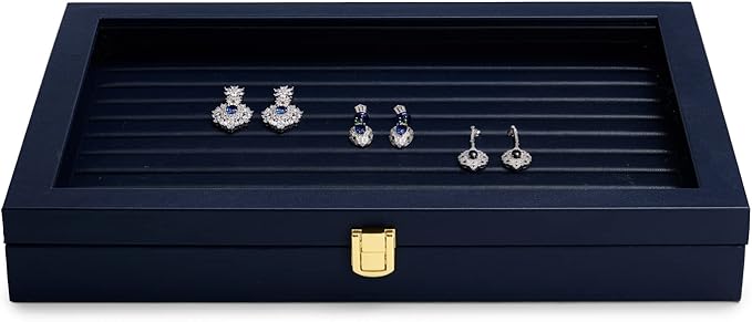 Oirlv Premium Blue Leather Rings Earrings Organizer Tray with Clear Lid Jewelry Display Box with Acrylic Lid Stackable Jewelry Box Drawer Inserts
