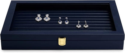 Oirlv Premium Blue Leather Rings Earrings Organizer Tray with Clear Lid Jewelry Display Box with Acrylic Lid Stackable Jewelry Box Drawer Inserts