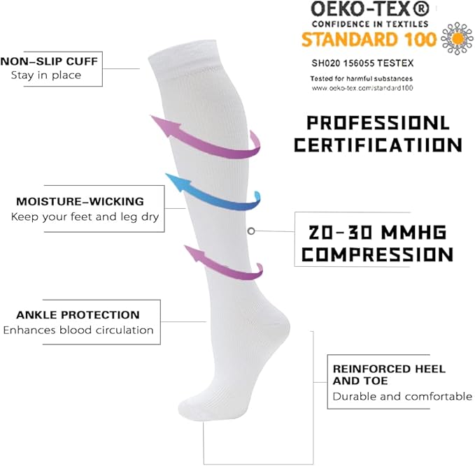 fenglaoda Compression Socks Women Men 6 Pairs, Knee High Best Support Circulation Socks for Running, Travel, Flight, Nurse