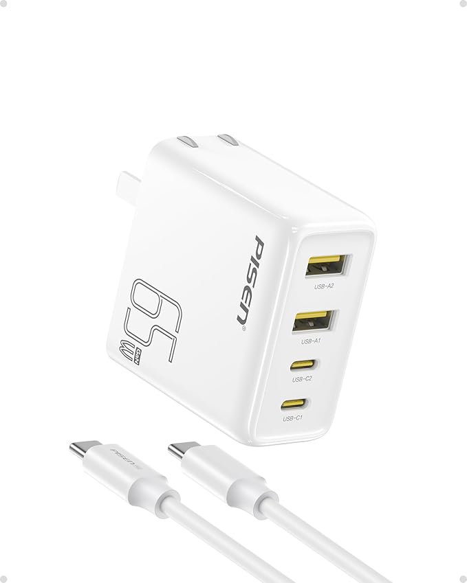 PISEN 65W USB C Fast Charger - 4FT USB-C Cable, 4-Port Compact Foldable GaN Charger, PPS for MacBook Pro/Air, iPad Pro, Galaxy S23, iPhone Series