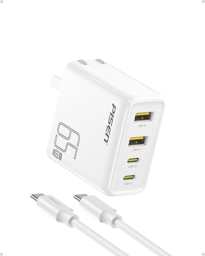 PISEN 65W USB C Fast Charger - 4FT USB-C Cable, 4-Port Compact Foldable GaN Charger, PPS for MacBook Pro/Air, iPad Pro, Galaxy S23, iPhone Series