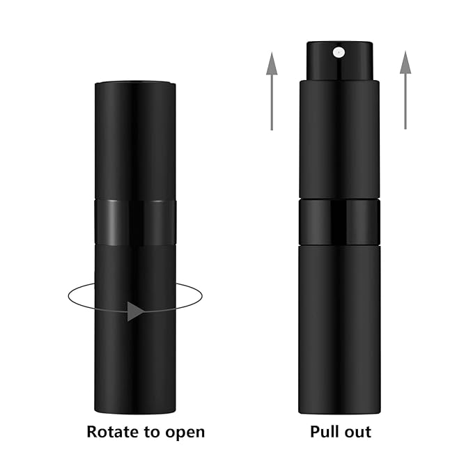Lil Ray 8ml Portable Mini Perfume Atomizer(4 PCS)，Refillable Empty Small Spray Bottle for Travel, Twist Type Pocket Cologne Sprayer (Matte Black&Silver)