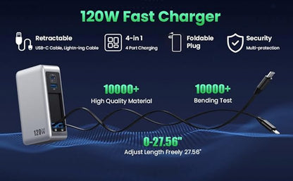 120W USB C Charger Block with 2 Built-in Retractable Cables,4-in-1 GaN IV Foldable Plug Wall Charger Fast Charging Station,PD 65W Laptop Adapter for MacBook/iPad,iPhone 17/16/15/14,Galaxy,Android etc