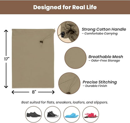 LFH Cotton Rich Shoe Storage Bags with Drawstring, Dustproof Breathable Reusable Organizer, Perfect For Travel, Dorm, Hotel, College, Gym, Easy to Carry, Machine Washable 8"x17" (Pack of 2) - Chambray