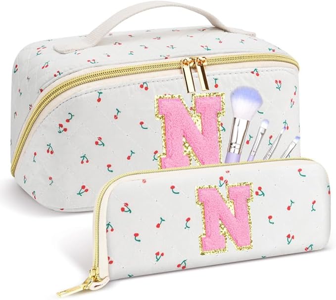 Personalized Travel Makeup Bag Set,Initial Travel Cute Cherry Makeup Organizer Bag,Toiletry Skincare Cosmetic Bag,Christmas Gifts for Women/Girls,Open Flat Toiletry Pouch with Brush Pocket-N