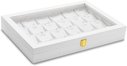 Oirlv White Leather Jewelry Organizer Tray with Acrylic Lid Drawer Insert Jewelry Storage Box with 24 Removable Jewelry Cards Pendant Necklace Display Case Women Gift
