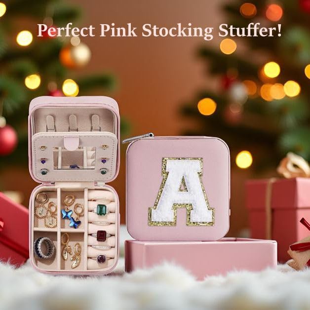 Parima Christmas Stocking Stuffers Gifts for Teenage Girls Kids Grandkids, Gifts for 5 6 7 8 9 10 11 12 13 14 15 Year Old Girls, Travel Jewelry Case Small Jewelry Box | Letter A, Pink