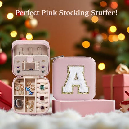Parima Christmas Stocking Stuffers Gifts for Teenage Girls Kids Grandkids, Gifts for 5 6 7 8 9 10 11 12 13 14 15 Year Old Girls, Travel Jewelry Case Small Jewelry Box | Letter A, Pink