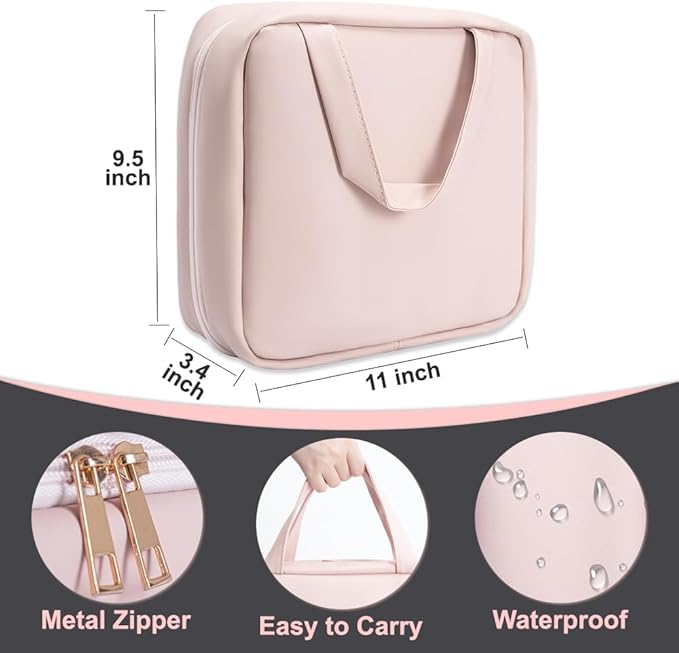 Glint&Glide Travel Makeup Bag with LED Lighted Detachable Mirror, Tri-light Dimmable - Hanging Multi-Compartment Organizer for Women, Portable Cosmetic Case with Four Divided Storage, Pink