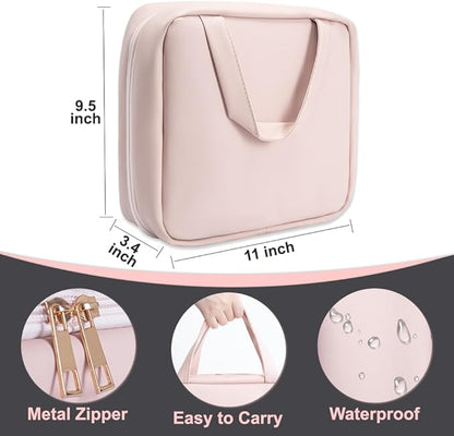 Glint&Glide Travel Makeup Bag with LED Lighted Detachable Mirror, Tri-light Dimmable - Hanging Multi-Compartment Organizer for Women, Portable Cosmetic Case with Four Divided Storage, Pink