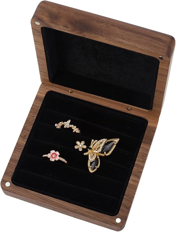 Solid Wood Jewelry Ring Organizer Case Small Portable Vintage Wooden Jewelry Storage Box Travel Jewelry Ring Holder Case for women, Display Holder Box for Rings Earrings Organizer Weddi