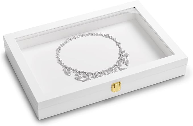 Oirlv White Jewelry Organizer Tray with Acrylic Lid Premium Leather Jewelry Box with Transparent Lid Drawer Insert Big Necklace Display Case(Flat Tray)