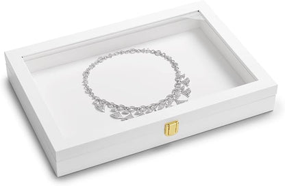 Oirlv White Jewelry Organizer Tray with Acrylic Lid Premium Leather Jewelry Box with Transparent Lid Drawer Insert Big Necklace Display Case(Flat Tray)