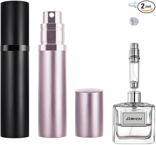 2PCS Perfume Travel Refillable Bottle, Bottom-Filling Fragrances Perfume Atomizer, Empty Mini Cologne Dispenser, Portable Sprayer Pocket Size for On the Go 5ml (Black & Light Pink)