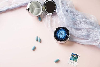 Pill Box,Blue Flower Round Pill Box 3 Compartment Decorative Pocket Purse Portable Mini Travel Medicine Tablet Vitamin Holder Organizer Pill Case