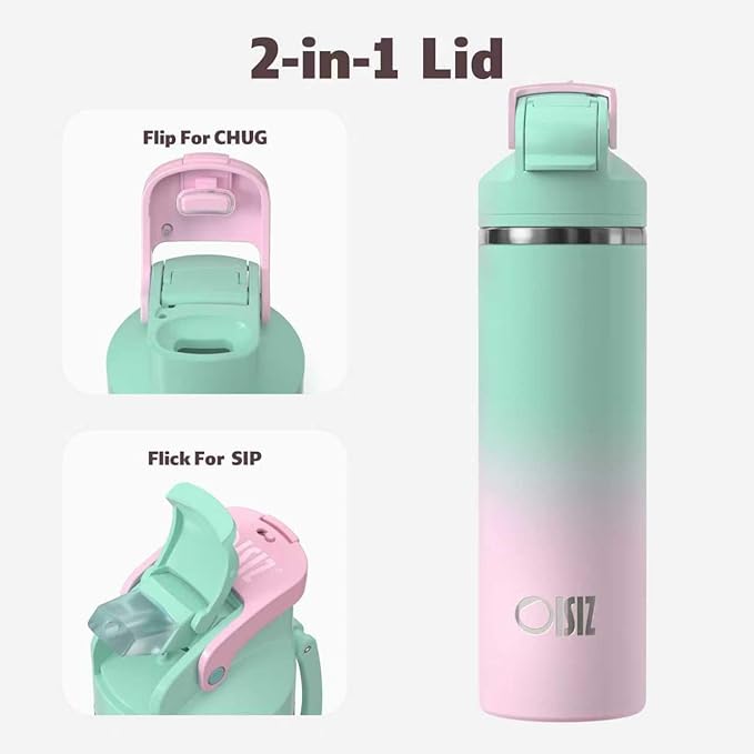 OISIZ Insulated Water Bottle 24 oz with 2 in 1 Spout and Straw Lid,One Click Safety Lock,100% Leakproof,Keep Cold 24H,Vacuum Stainless Steel Water Bottle for School,Travel and Sports,Dishwasher Safe