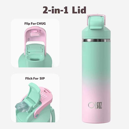 OISIZ Insulated Water Bottle 24 oz with 2 in 1 Spout and Straw Lid,One Click Safety Lock,100% Leakproof,Keep Cold 24H,Vacuum Stainless Steel Water Bottle for School,Travel and Sports,Dishwasher Safe