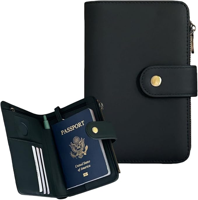 Full Grain Leather Passport Wallet, RFID Blocking Passport Holder with Tracker Slot, Multi Compartment Travel Wallet for Women & Men, Secure Passport Cover Case for Airport Essentials (Black)