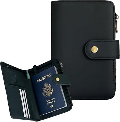 Full Grain Leather Passport Wallet, RFID Blocking Passport Holder with Tracker Slot, Multi Compartment Travel Wallet for Women & Men, Secure Passport Cover Case for Airport Essentials (Black)