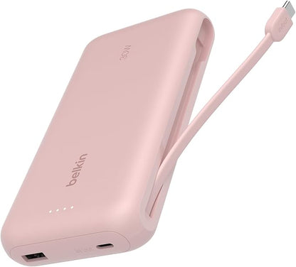 Belkin Portable Charger, Power Bank with Integrated Cable 20000 mAh 30W - Fast Charging USB C Power Delivery - iPhone 17, Air, Pro, Pro Max, iPad, AirPods, Apple Watch, Galaxy S25, & More - Pink