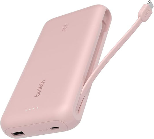Belkin Portable Charger, Power Bank with Integrated Cable 20000 mAh 30W - Fast Charging USB C Power Delivery - iPhone 17, Air, Pro, Pro Max, iPad, AirPods, Apple Watch, Galaxy S25, & More - Pink