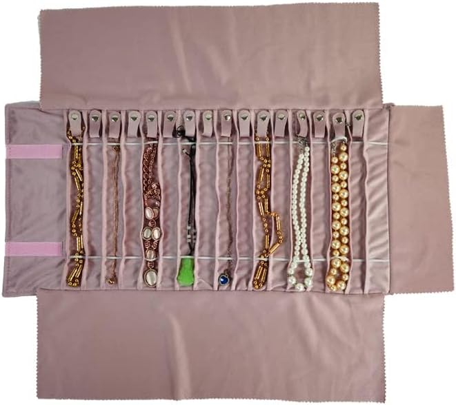 Portable Jewelry Roll Untangled Secure Necklace Travel Storage Bag Displays Holder 16 Chain (Embroidery Pink Velvet)
