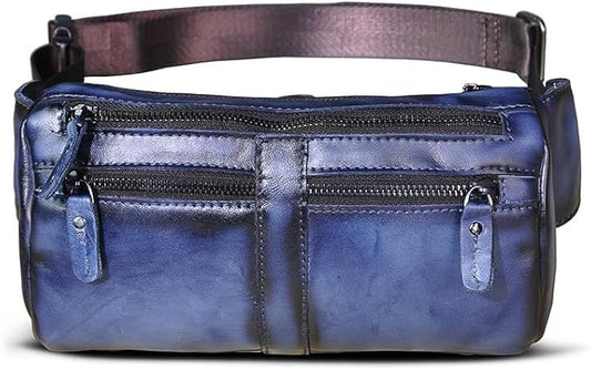 Outdoor Ready Water Resistant Leather Waist Pack for Men Hiking Riding Travel Fanny Bag with Phone Pocket Gifts for Men (Blue&Black)